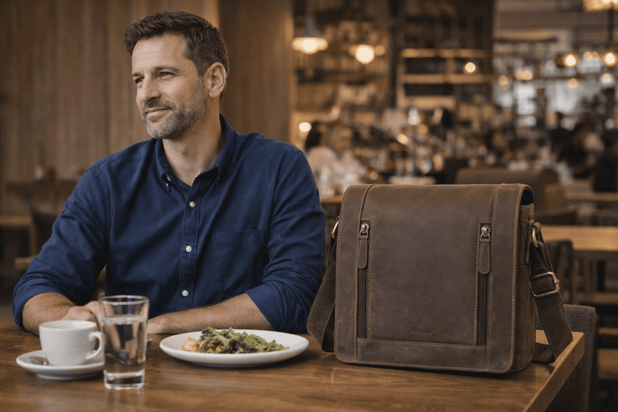 chlapík s koženou taškou na stole mk